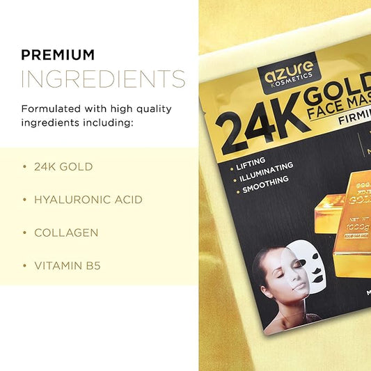 Azure Cosmetics 24K Gold Firming Face Mask- Anti Aging, Hydrating, Toning & Firming Facial Mask - Helps Reduce Wrinkles & Fine Lines with Hyaluronic Acid & Collagen - Made in Korea - Pack of 5