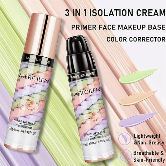 Primer Face Makeup Base, 3 In 1 Isolation Cream Color Corrector, Makeup Primer Skin Tone Correcting and Brightening Primer, Oil Control Moisturizing Face Primer to Hide Wrinkles and Fine Lines