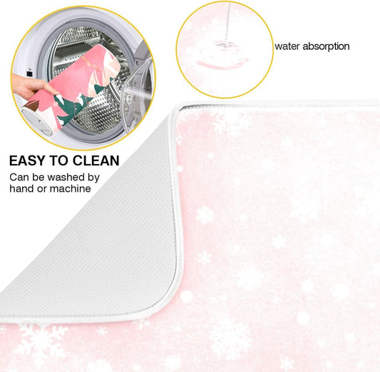 Christmas Tree Pink Dish Drying Mat for Kitchen Countertop 16x18 Winter Snowflake White Xmas Small Drying Mat Reusable Quick Dry Dish Sink Mats Easy Clean Decorative Essentials