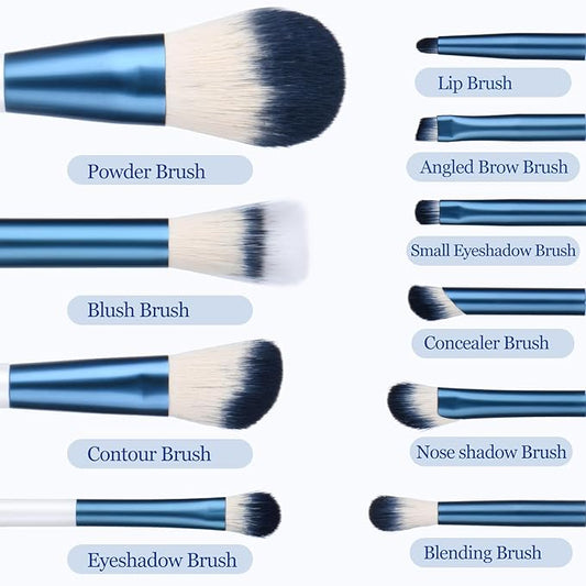Makeup Brushes Set With Case 10Pcs White Makeup Brush Kit Foundation Eyeshadow Powder Blending Kabuki Eyebrow Eyelash Brushes Cosmetic Brush Travel Kit Gift (White+Blue)