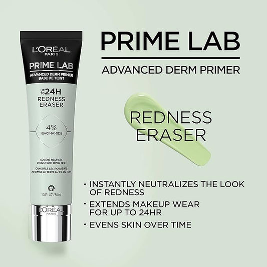 L'Oreal Paris Prime Lab Up to 24H Redness Eraser Face Primer Infused with Niacinamide to Reduce Face Redness and Extend Makeup Wear, 1.01 Fl Oz
