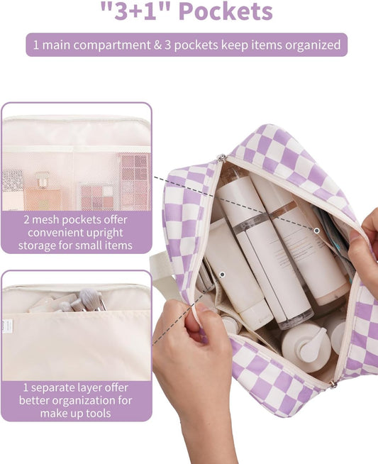Narwey Large Checkered Travel Toiletry Bag Women Toiletries Bag Makeup Bag with Handle Make up bag Organizer Cosmetic Bag Medicine Bag for Girls (Purple Checkerboard, Large)