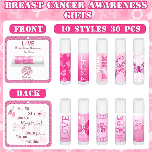 30 Pack Breast Cancer Awareness Favors Bulk Lip Balms Gifts Pink Ribbon Lip Balms Favors Breast Cancer Awareness Month Accessories Support Party Items Decorations for Women Men Survivors