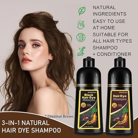 Chestnut Brown Hair Dye Shampoo 3-in-1, Instant & Long-lasting Hair Color Shampoo in Minutes, Gray Hair Coverage for Men & Women, Natural Shampoo Hair Dye for All Hair Types
