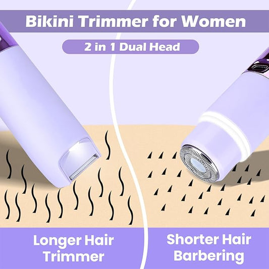 Bikini Trimmer for Women, Glow Aura Womens Shaver, Quiet Dual Head Waterproof Cordless Rechargeable Painless Trimmer for Underarms, Legs, Body (Purple)