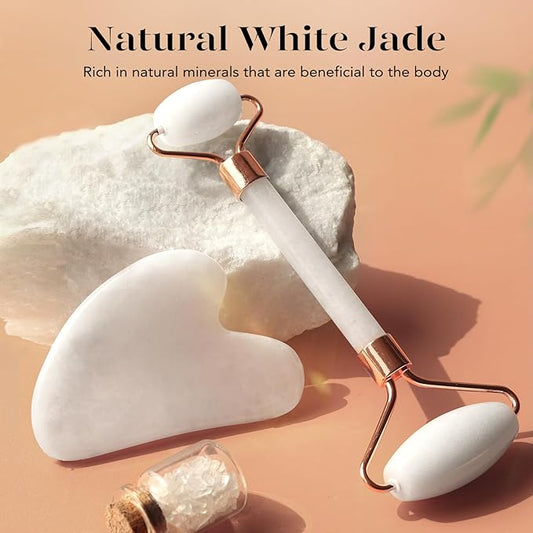 BAIMEI Jade Roller & Gua Sha Set Face Roller and Gua Sha Facial Tools for Skin Care Routine and Puffiness, Self Care Gift for Men Women - White