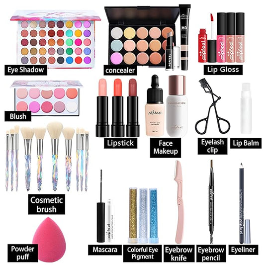 All in One Makeup Kit For Beginners Full Kit, Full Makeup Kit For Teen Girls, Makeup Gift Set, Include Eyeshadows, Concealer, Cosmetic brush, Lip Gloss, Lipstick, Powder puff, Mascara -007