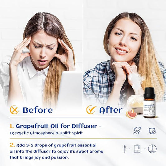 HIQILI Grapefruit Essential Oil, for Diffuser, Skin Care, 100% Pure and Natural - 0.33 Fl Oz