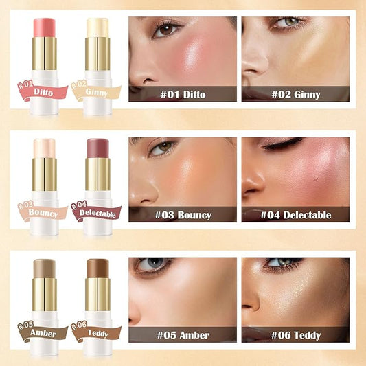 6 Colors Cream Contour Stick Set,Double-ended Cream Bronzer Stick,Highlighter Stick,Blush Stick,Professional Highlighter Makeup Contour Kit,Easy to Sculp Contorno Maquillaje(Set A)