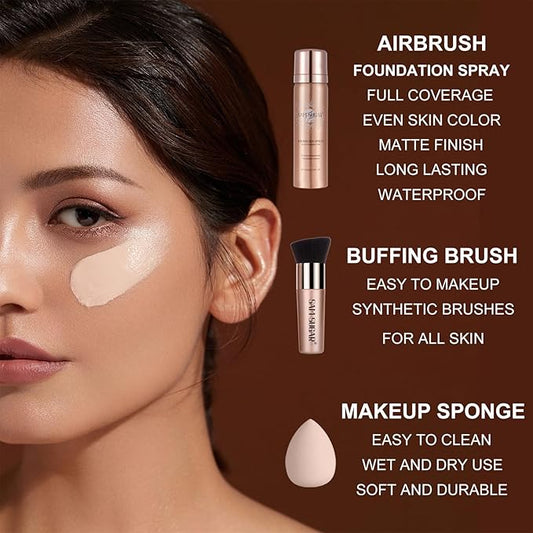 AirBrush Foundation Spray Set, Spray Foundation Makeup and Hydrating Face Primer Kit, Longwear Waterproof Liquid Matte Foundation Mist for Flawless Look, Brush and Sponge Include (#6 Sunny Beige)