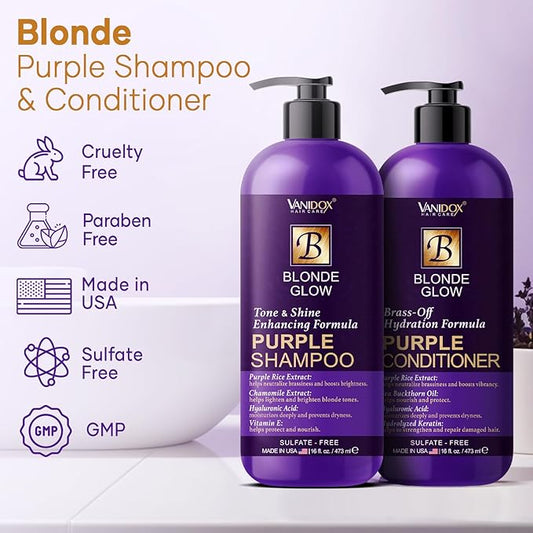 Sulfate Free Brass Toning Purple Shampoo and Conditioner Set for Blondes, Brown Highlighted, or Bleached Hair, Shampoo for Blondes Infused with Purple Rice Extract (16 fl oz each)
