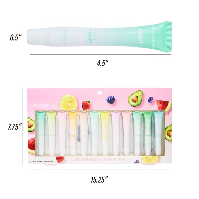 Expressions 12pc Lip Oil Set - Flavored Lip Oils Value Pack, Hydrating Lip Oils w/Squeeze Tube Application, Moisturizing Lip Oil Collection for Everyday Lip Care and Lip Repair (FRUITS)