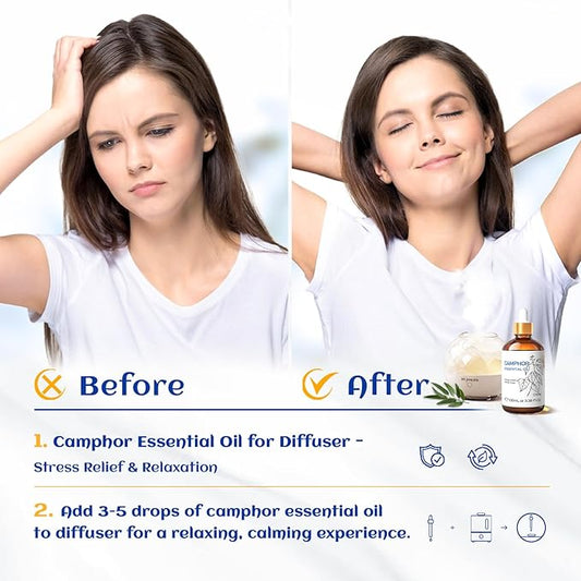 HIQILI 100ML Camphor Essential Oil Pure, 100% Undiluted for Skin, Diffuser, Aromatherapy - 3.38 Fl Oz