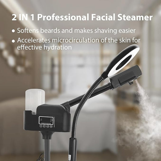Professional Facial Steamer 2 in1 Steamer for Face 5X LED Magnifying Lamp Facial Steamer for Esthetician Beauty Face Equipment Use at Home or Salon(Black)