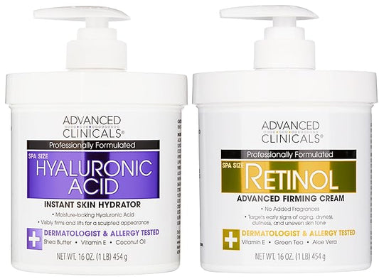 Advanced Clinicals Retinol Cream + Hyaluronic Acid Lotion Face & Body Skin Care. Anti Aging Dry Skin Rescue Creams Reduce Appearance Of Wrinkles, Fine Lines, & Sagging Skin, 16 Oz (Pack of 2)