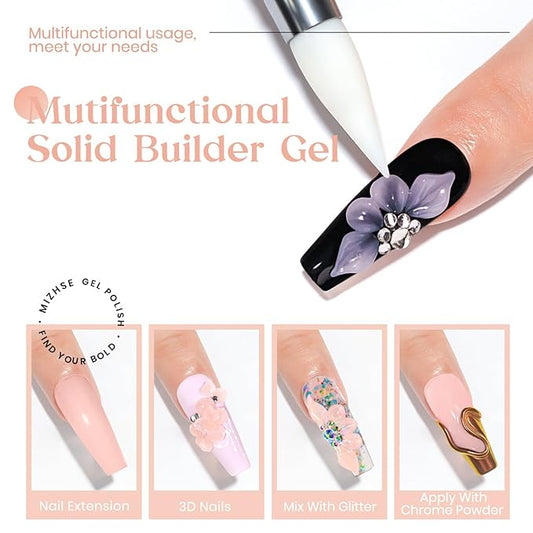 MIZHSE Solid Nail Builder Gel, 2.1 oz 60g Nude Builder Gels for Nails Non-Sticky Solid Builder Gel for Extensions Hard Gels with 24pcs Dual Forms and Silicone Pen Nails Art Manicure Set