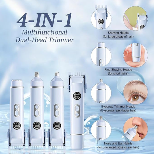 Bikini Trimmer for Women, 4 in 1 Wet/Dry Electric Razors for Women - Dual Head, Painless Rechargeable Portable Womens Razors for Shaving Set for Face, Nose, Eyebrows, Armpits, Bikini Area (Blue)