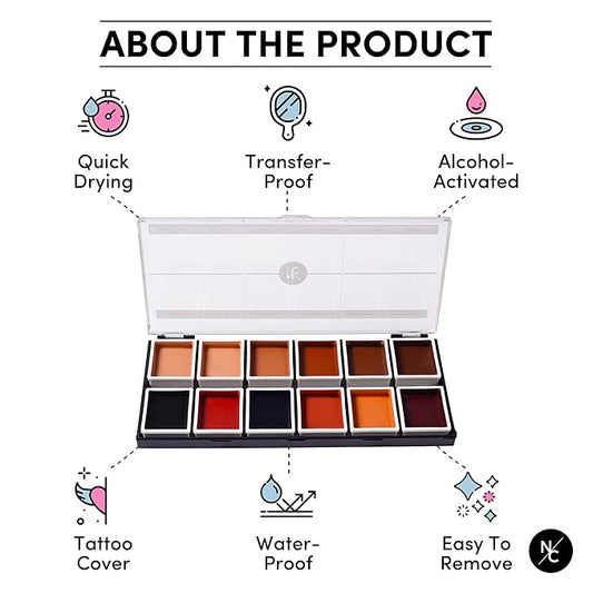 12 Color Dark Flesh Tone Alcohol Activated Makeup Palette for Special Effects - Waterproof Dark Flesh Tone Makeup for Professional Makeup Artists
