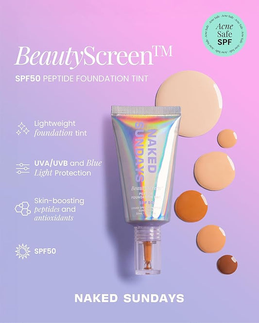 Naked Sundays BeautyScreen™ SPF 50 Mineral Peptide Foundation Tint – 2-in-1 Skin Tint & Mineral Sunscreen | Radiant, Buildable Coverage, Acne-Safe, Infused with Peptides (2 Fair Sand, 1.01 oz)
