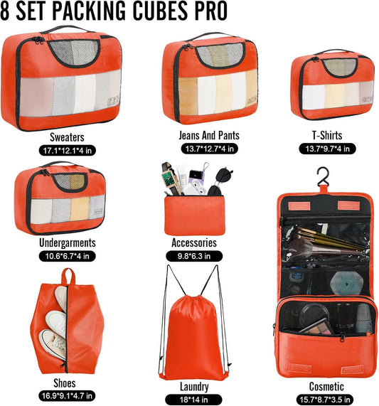 Veken 8 Set Packing Cubes for Travel Essentials, Suitcase Organizer Bags in 4 Sizes, Carry-On Luggage Accessories with Large Laundry & Hanging Toiletry Bag, Must-Have for Airplane, Road Trip & Camping