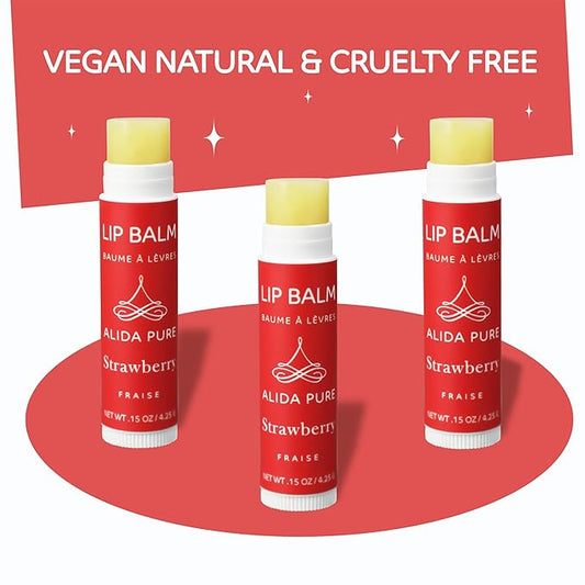 Strawberry Lip Balm Collection, Vegan Lip Balm Set, Beeswax Free, with Avocado Oil, Organic Jojoba Oil, and Vitamin E, Natural Moisturizer for Dry, Chapped Lips, 3 Tube Set