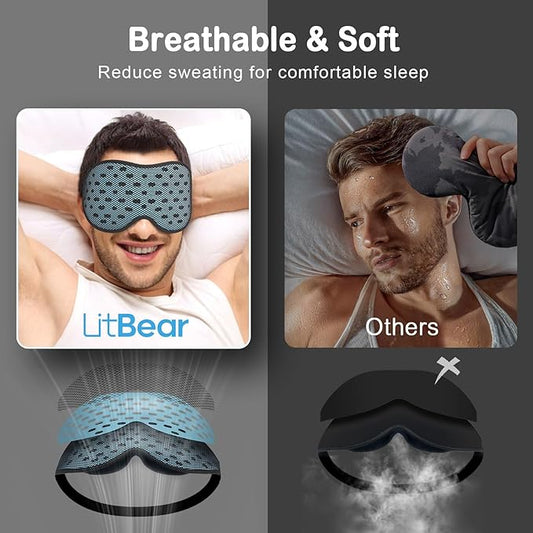 LitBear Breathable Sleep Mask, 3D Eye Mak Sleep for Side Sleepers Women Men, Light Blocking Sleeping Mask with Adjustable Strap, Soft Lightweight Eye Cover for Travel, Night Work, Nap -Ice Blue