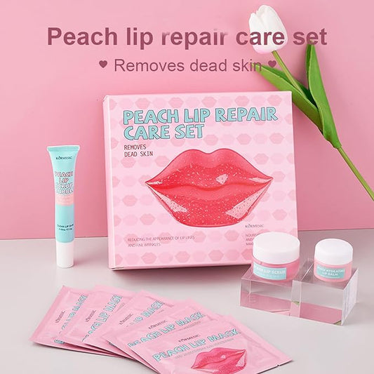 4 In 1 Peach Lip Care Kit With Lip Exfoliator Scrub And Moisturizer, Peach Scrub Bubble, Hydrating Lip Mask, Lip Scrubs Gentle Exfoliating, Instant Moisturizing, Lip Balm Hydrating For Very Dry Lips