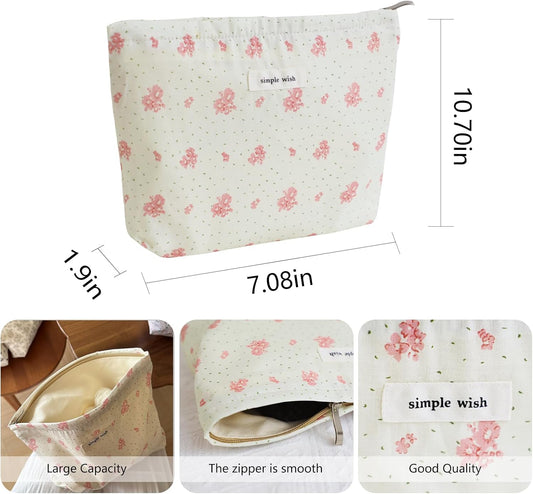 Wudygirl Cute Makeup Bag for Women - Travel Cosmetic Bag with Zipper Makeup Pouch Floral Make up Organizer Handbag Aesthetic (Pink Floral)