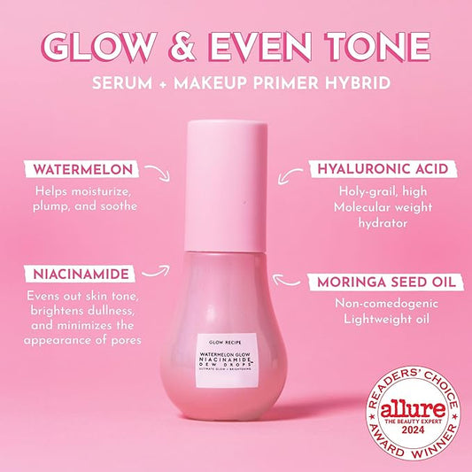 Glow Recipe Watermelon Niacinamide Dew Drops, Travel Size - Brightening, Plumping Hydrating Face Serum, Makeup Primer + Liquid Highlighter with Hyaluronic Acid - Dewy & Glowing Korean Skin Care (15ml)