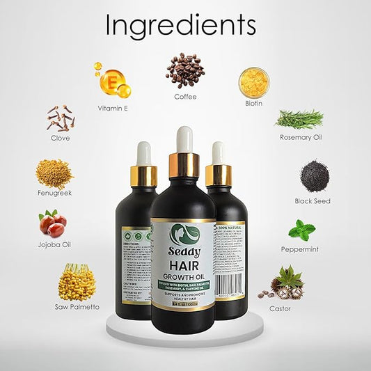 Seddy Rosemary Mint Hair Growth Oil – Caffeine, Rosemary, Castor, Biotin, Peppermint, Argan & Jojoba | Hair Growth Oil & Scalp Treatment for Thicker, Fuller, Healthier Hair -3.4 Fl. Oz