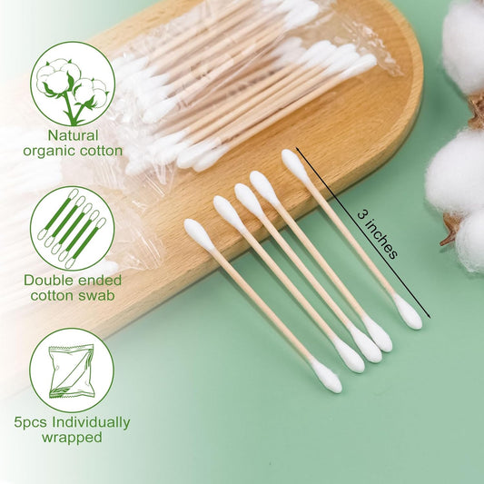 Cotton Swabs Individually Wrapped Cotton Swab Organic Travel Double Tipped Bamboo Sticks for Ear, Make-up Double Round Shape 5PCS per Bag