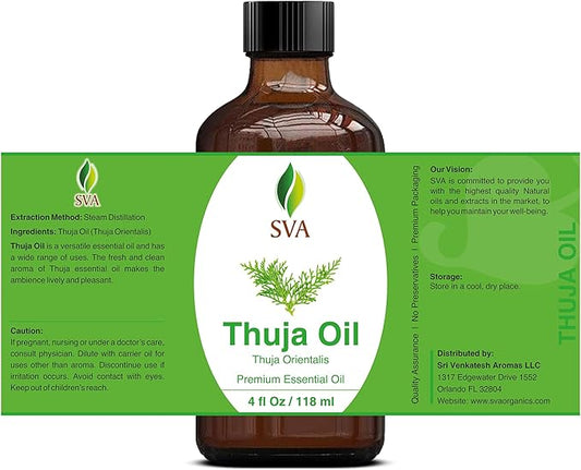 SVA Thuja Essential Oil – 4 Fl Oz – 100% Natural Thuja Oil - for Diffuser, Hair Care, Face, Skin Care, Aromatherapy, Scalp and Body Massage, Soap and Candle Making – with Dropper