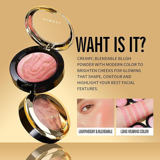 KIMUSE Baked Blush, Lighting Glow Marbleized Blush Powder Blush, Contour & Highlight Face for a Creamy Lightweight Natural Finish