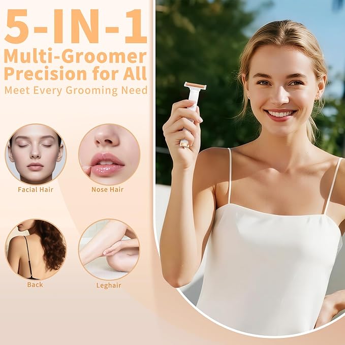 Women's 5-in-1 Electric Bikini Trimmer, USB-C Rechargeable Shaver & Trimmer for Body, Face & Nose – Painless Wet & Dry Shave (Keep Device Dry; Remove Blades for Cleaning)