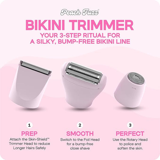 Peach Fuzz™ Bikini Trimmer for Women – 3in1 Body Hair Trimmer, Female Razor for Pubic Hair, Electric Shaver for Private Area, Bikini Line Groomer with Safe, Skin-Friendly Design