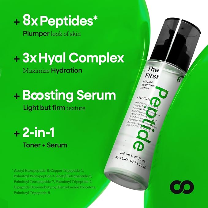 Nature Republic The First Peptide Boosting Serum, 8 Peptides, Niacinamide & Triple Hyaluronic Acid Complex,17 Amino acids,for All Skin Types, Korean Skin Care150ml/5.07 fl oz