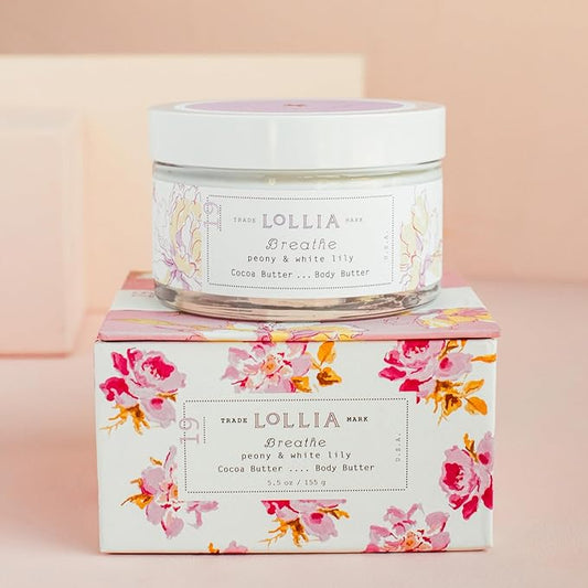 LOLLIA Breathe Body Butter, 5.5 oz. - Peony & White Lily Fragrance - Shea Butter & Cocoa Butter, Body Lotion for Women, Hydrating & Smooth Body Moisturizer