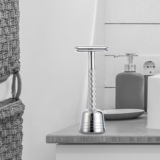 Double Edge Safety Razor for Men with Stand and Silicone Cover - Durable Metal Eco-Friendly Single Blade Safety Razor with 10 Blades- Closed Smooth Shave (Silver)