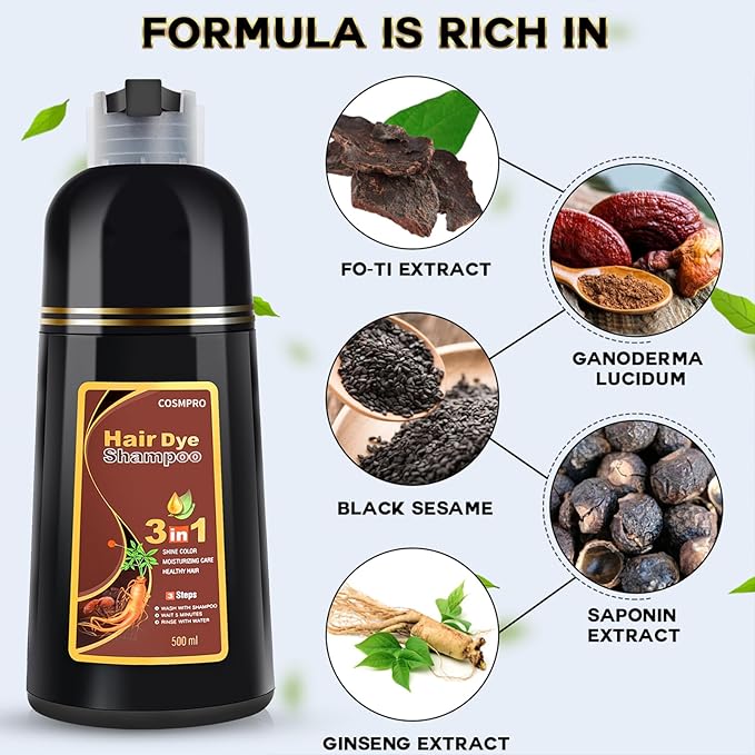 Hair Dye Shampoo Chestnut Brown Hair Color Shampoo for Gray Hair Coverage Herbal Hair Dye Shampoo 3 in 1 for Men and Women, Instant Color Shampoo