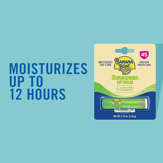Banana Boat Sunscreen Lip Balm SPF 45 with Aloe Vera & Vitamin E, 0.15oz | Lip SPF, Aloe Vera Lip Balm with SPF, Vitamin E Lip Balm, Moisturizing Lip Balm, Lip Sunblock, Travel Sunscreen, 0.15oz