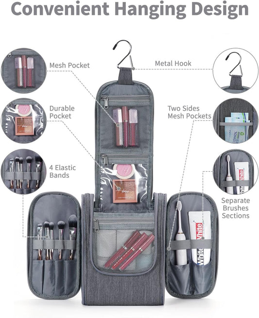 Narwey Small Hanging Toiletry Bag Women Travel Makeup Bag Organizer Toiletries Bag for Travel Size Essentials Accessories Cosmetics (Medium, Grey)