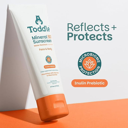 Prebiotic Mineral Sunscreen SPF 50 for Kids & Baby, Face & Body Sun Protection, Reef Safe, Non-Toxic Zinc Oxide Broad Spectrum, Water-Resistant, No White Cast, Travel Size 1.7oz