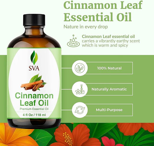 SVA Cinnamon Leaf Essential Oil – 4 Fl Oz – 100% Natural Cinnamon Oil - for Diffuser, Hair Care, Face, Skin Care, Aromatherapy, Scalp and Body Massage, Soap and Candle Making – with Dropper