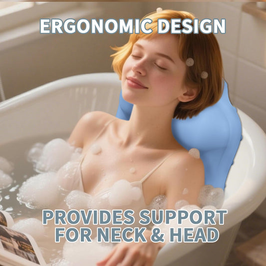 Silicone Bath Pillow for Tub – Ergonomic Bathtub Headrest with Inflatable Air Cushion, Non-Slip Suction Cups & Neck/Back Support – Comfortable Spa Bath Accessory for Relaxation (Blue)