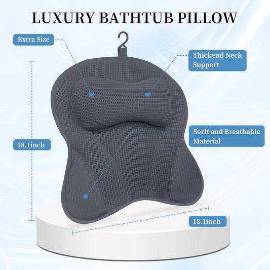 Bath Pillows for Tub, Soft 5D Air Mesh Bath Pillow Luxury Bathtub Pillow with 6 Non Slip Suction Cups, Bathtub Accessories for Women and Men (Grey)