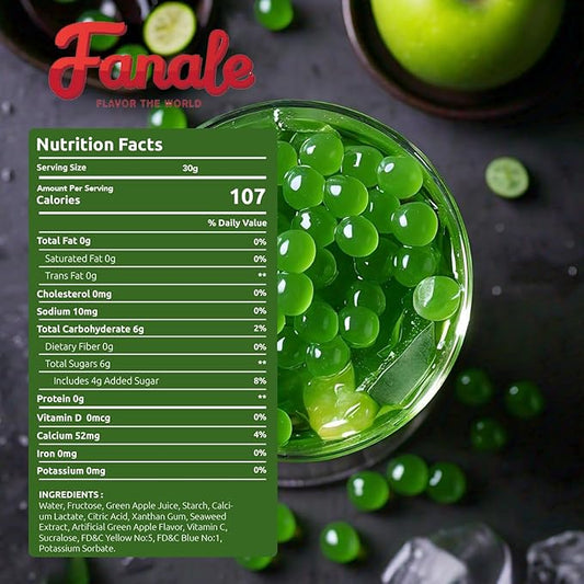 Fanale Green Apple Popping Boba Pearls, Vegan, Non GMO, Gluten Free, Fat Free, Perfect for Bubble Tea, Smoothies, Ice Cream, Desserts, and Beverages.