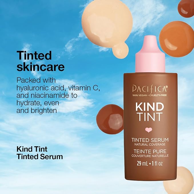 Pacifica Beauty Kind Tint Tinted Serum, Skincare, Vegan Collagen, Hyaluronic Acid, Vitamin C, Niacinamide, Caffeine, Hydrating, Lightweight Foundation, Natural Dewy Skin, Shade 09, 1 fl oz (1 Count)