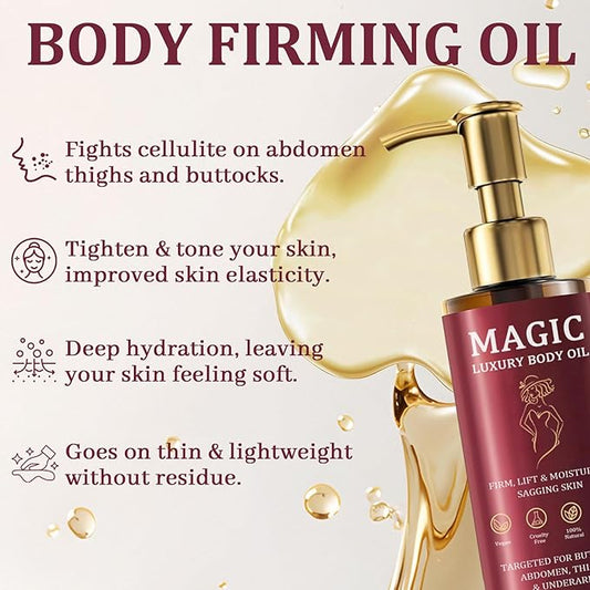 Magic Body Firming Oil, Luxury Body Oil for Crepe Skin, Tightening & Hydrating Body Oil After Shower with Vitamin E and Rosehip, Non-Greasy Body Serum Oil for Thighs, Arms, Chest, 100ML / 3.38 Fl Oz