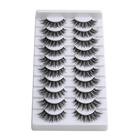 SUNWELL False Eyelashes 16mm Mink Lashes Cat Eye Lashes Strips 8D Fluffy Faux Mink Lashes Soft Wispy Luxury Volume Fake Lashes 10 Pairs Pack