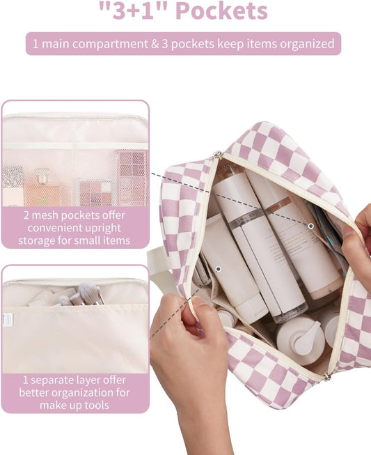 Narwey Large Checkered Travel Toiletry Bag Women Toiletries Bag Pink Makeup Bag Organizer Make up bag Cosmetic Bag Medicine Bag for Girls (Dusty Rose Checkerboard, Large)